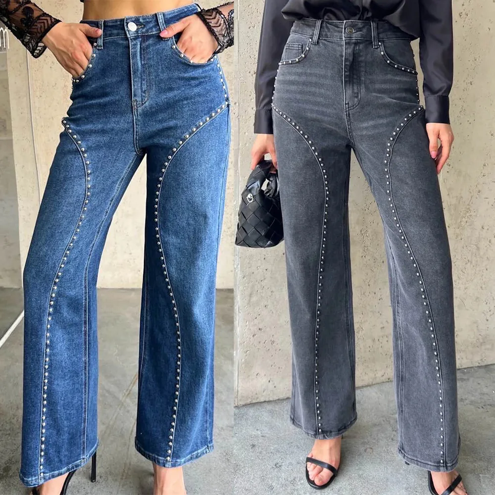 26 Cross-border Fashion Beading Trend Personality Street American Casual Versatile Denim Straight Pants