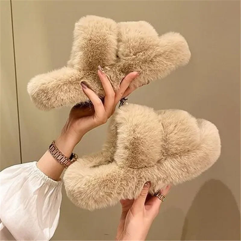 Winter Open Toe Slipper Fashion Fur Thick Sole Flats Heel Ladies Casual Slip on Bedroom Shoes Soft Outdoor Slides Shoes