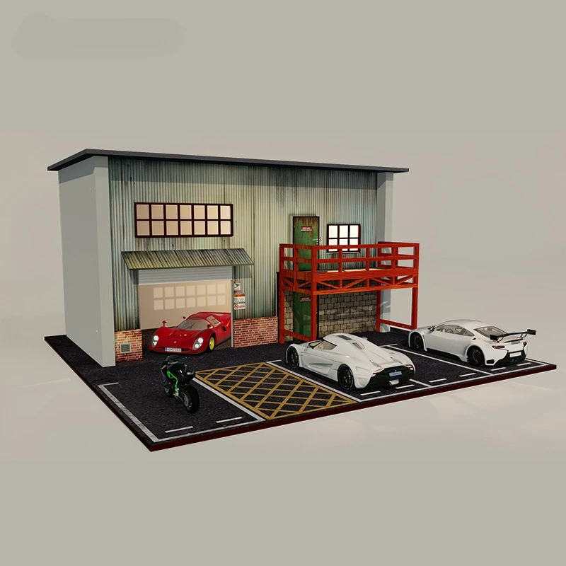 Diorama 1:64 modelo de estacionamiento americano casa pequeña edificio de madera con luces simulación coche garaje escena modelo de exhibición