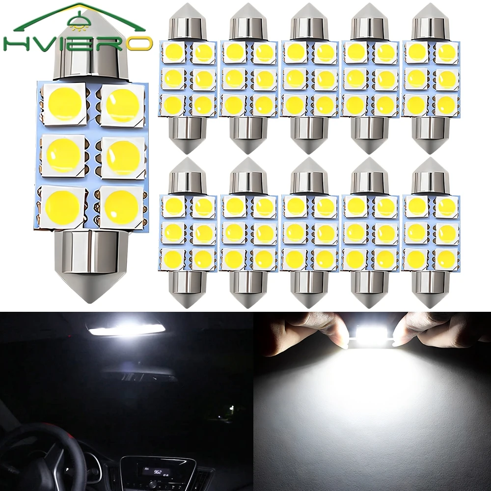 

10PCS 5050 6Led DC 12v White Led 31mm 36mm 39mm 41mm C5w C10w Interior Festoon Dome Luggage Lamp Reading Bulb Door Read Lighting