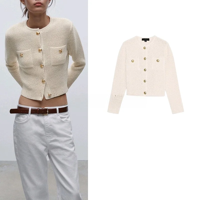 

Spring New Arrival Women's Knitted Long Sve round Ne Outerwear Gold Button Decorated Commute Sle Polyester Fiber