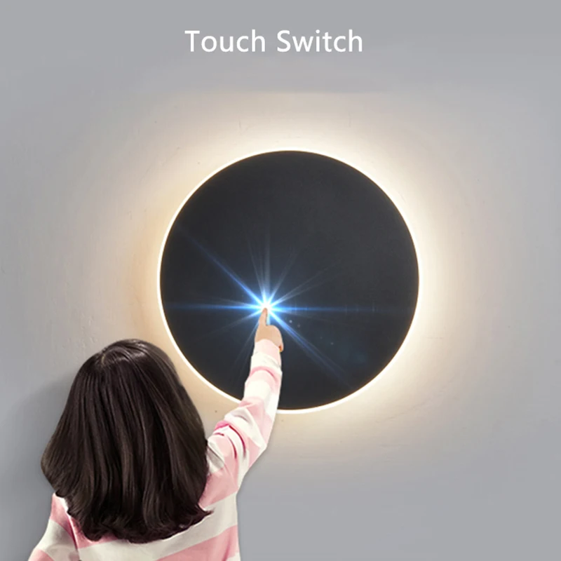 

Прикроватный настенный светильник с сенсорным выключателем, белый, серый, черный, Круглый настенный светильник для лестницы, гостиной, коридора, лестницы, диаметр 20 см, 30 см