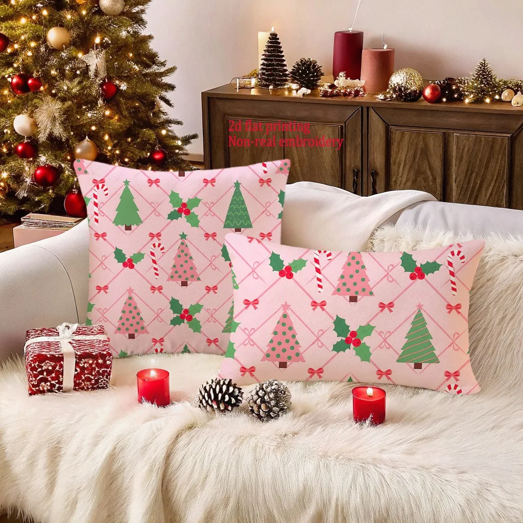 ¡fundas de almohada Festivas con estampado de arbol de Navidad rosa para un acogedora decoración navideña! فوندا دي كوجين #2