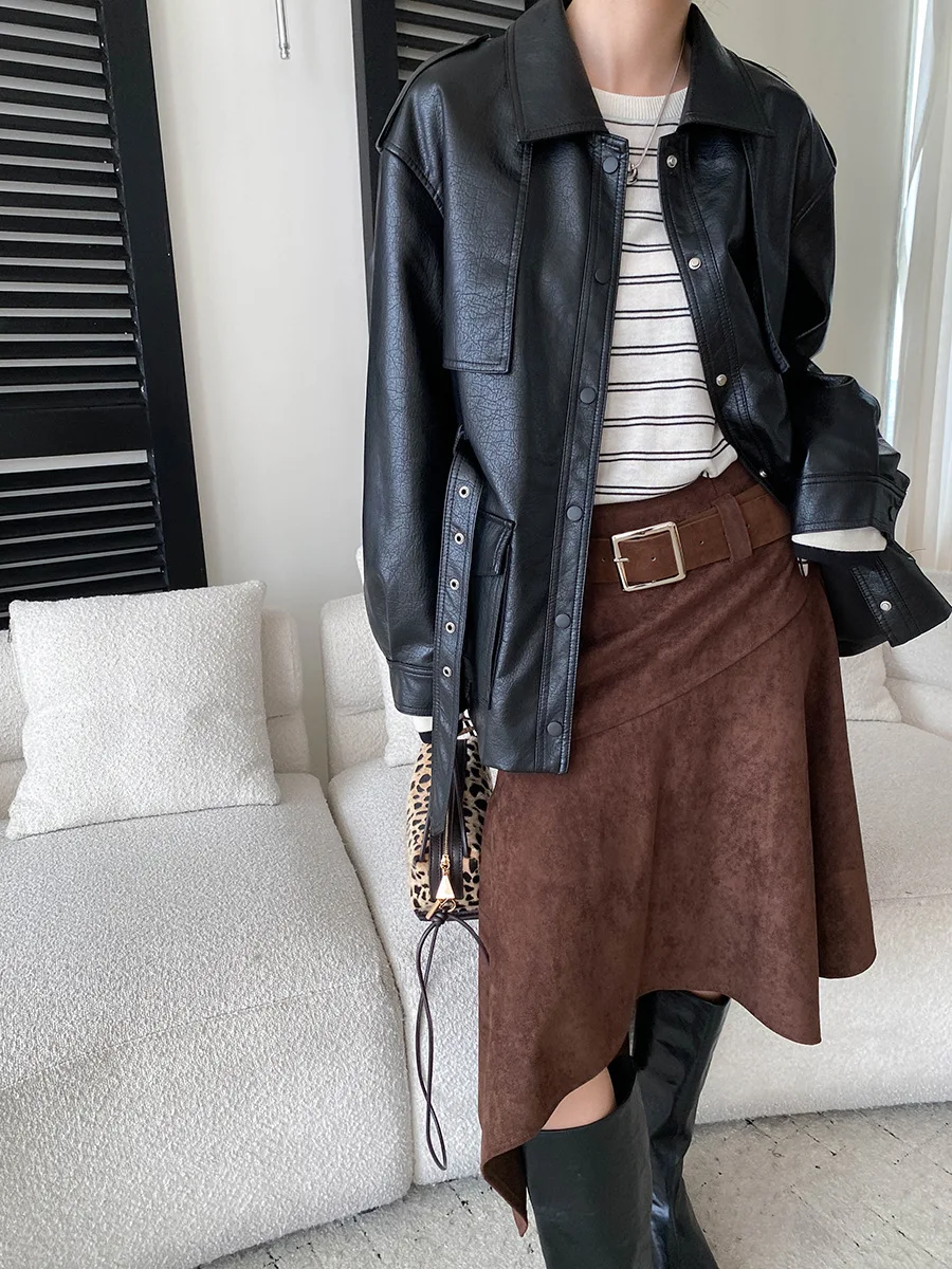 Autumn new cracked PU leather high-end British temperament lace up waist leather jacket