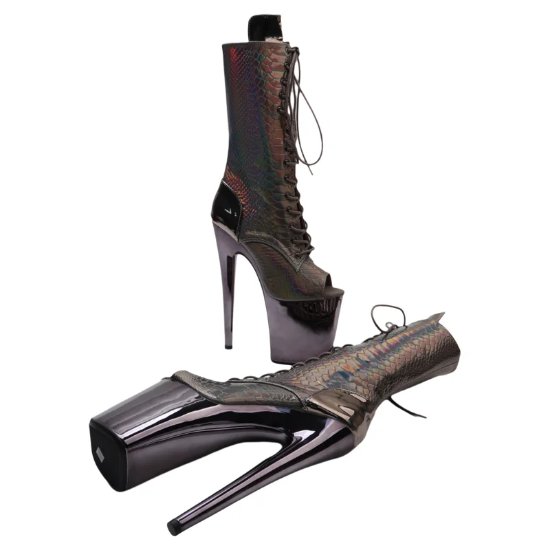 Leecabe 20CM/8inches Snake Shiny PU Open Toe Nightclub Party Shoes High Heels Platform Pole Dance Boots