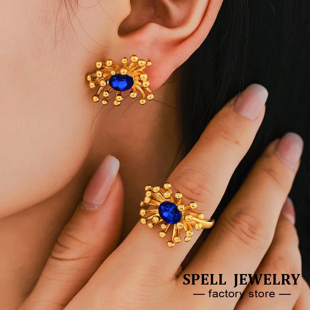 Stamen Shape Ring Matching Earring In Stainless Steel 18k Gold Plated With Big Oval Zircon Flower Rings Stud Earrings For Women