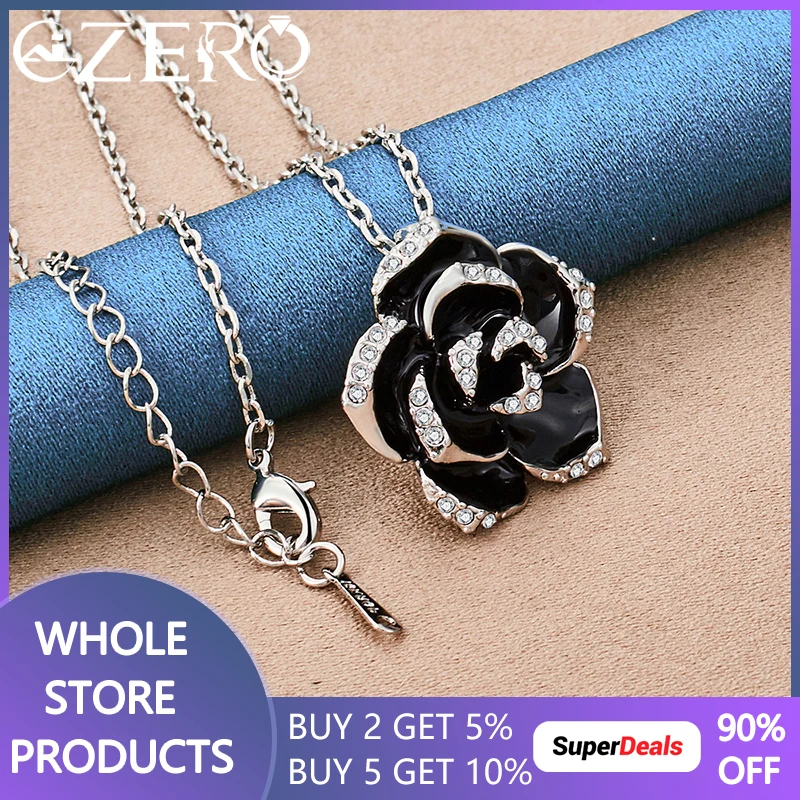 ALIZERO 925 Sterling Silver Black Rose Zircon Pendant Necklace 16-30Inch Chain For Woman Wedding Engagement Party Jewelry Gifts