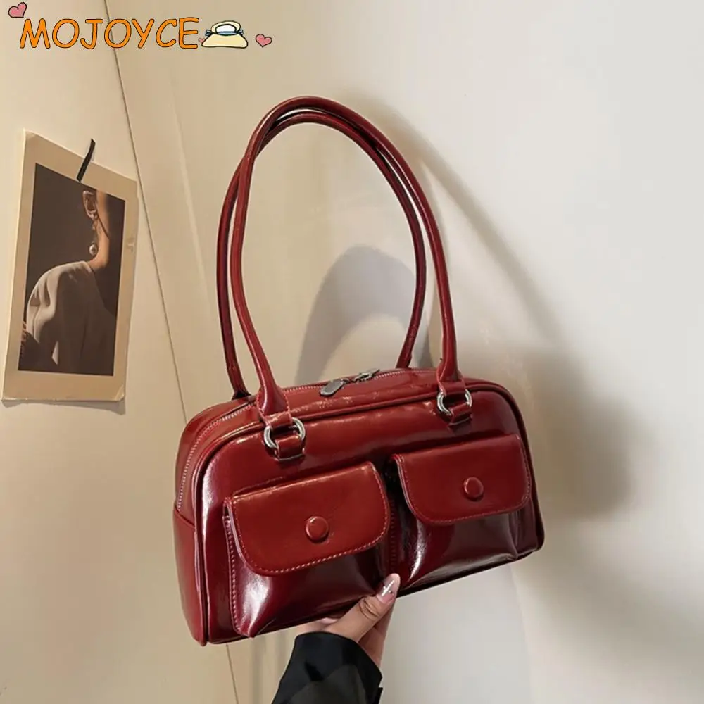 Vintage Women Business Shoulder Bag Simple Ladies Commute Tote Bag PU Leather Female Underarm Bag Wine Red Large Handbags Purses