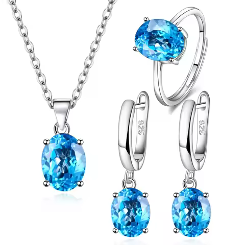 925 Sterling Silver Jewelry Sets For Women Ellipse Zircon Ring Necklace Earrings Luxury Accessories Offers
