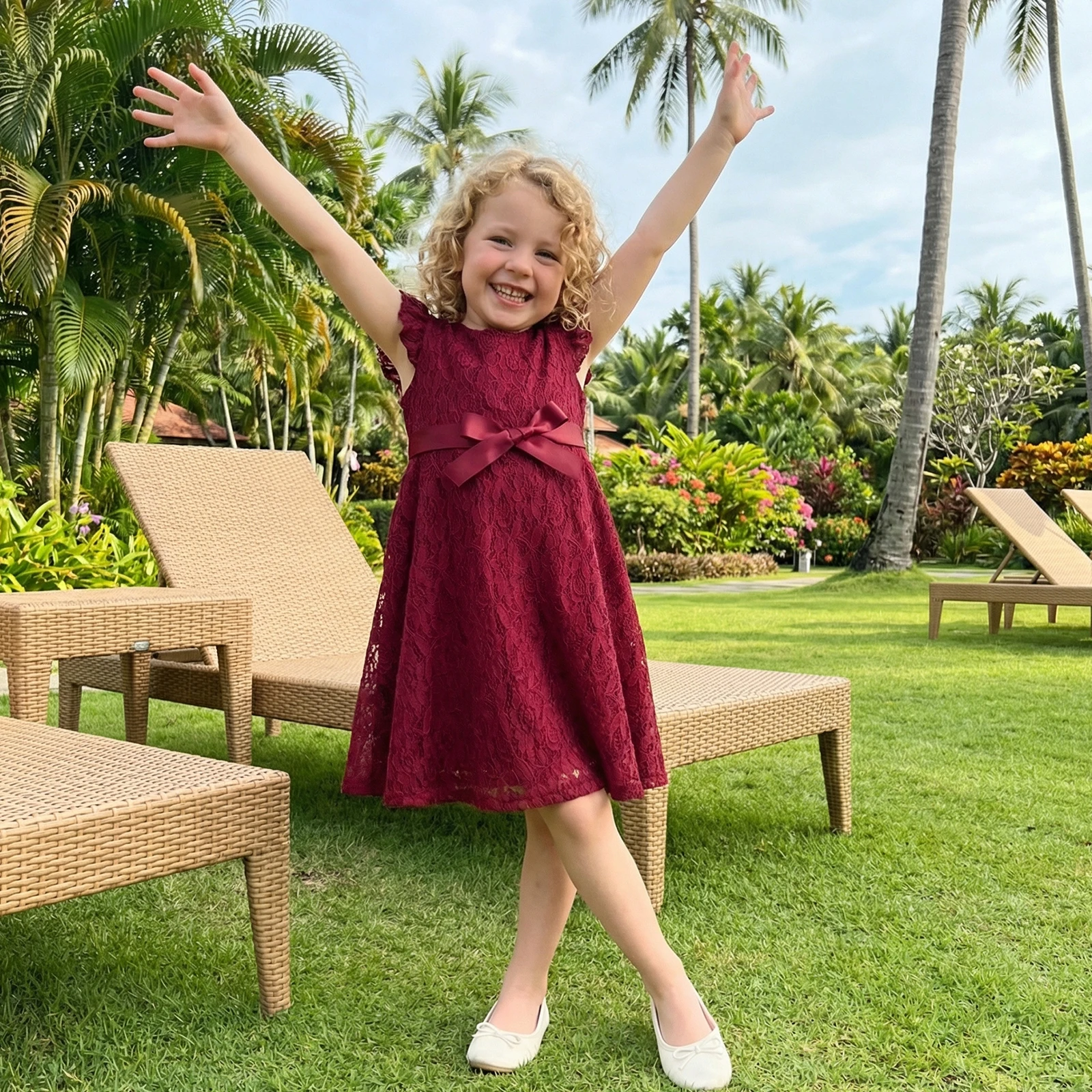 3-10Y Summer  Kids Girls Lace Dress Princess Party Fly Sleeve Round Neck Casual A-line Dress with Belt