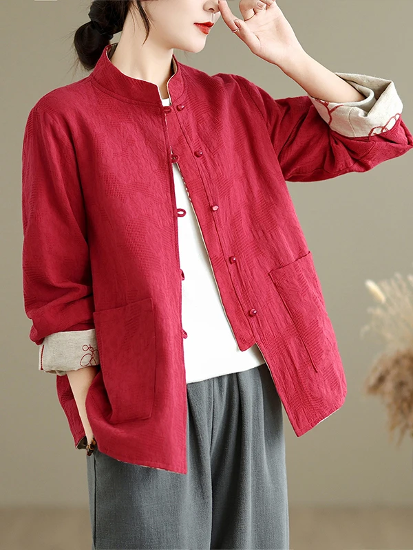 

New Chinese Sle Red Print ort Jaet Women's Spring Autumn Double-Sided Wear Improved Tang Costume Open Cardigan Button Top