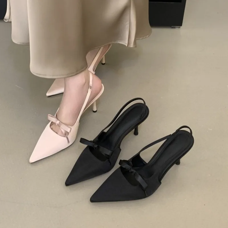 

Aneikeh Spring Elegant Fashion High Heel Bow Satin Sandals Stiletto Heel Women Banquet Prom Dress Party Back Strap Single Shoes