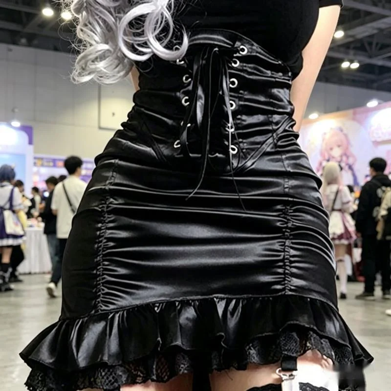 Punk Y2K Dress High Waist Gothic Satin Mini Midi Skirt Lace Up Corset Ruched Leather Look Pleated Garter Suspender Dresses New