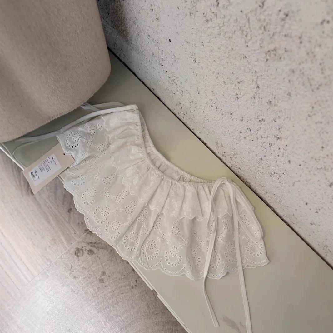 Korean Style Double Layer White Embroidered Lace Trim Overlap Ballet Style Elastic  Skirt Hip Covering A-Line Skirt
