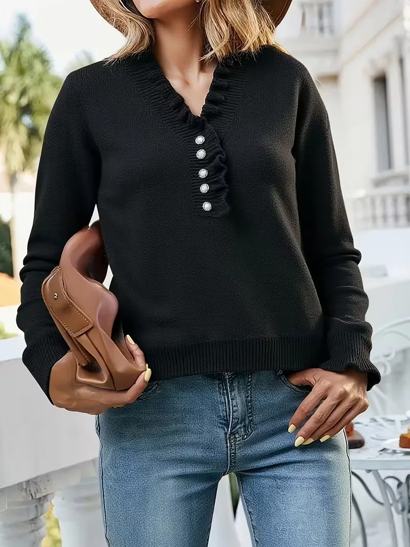 เสื้อสเวตเตอร์แขนยาวประดับมุกสำหรับผู้หญิง คอวี แต่งระบาย