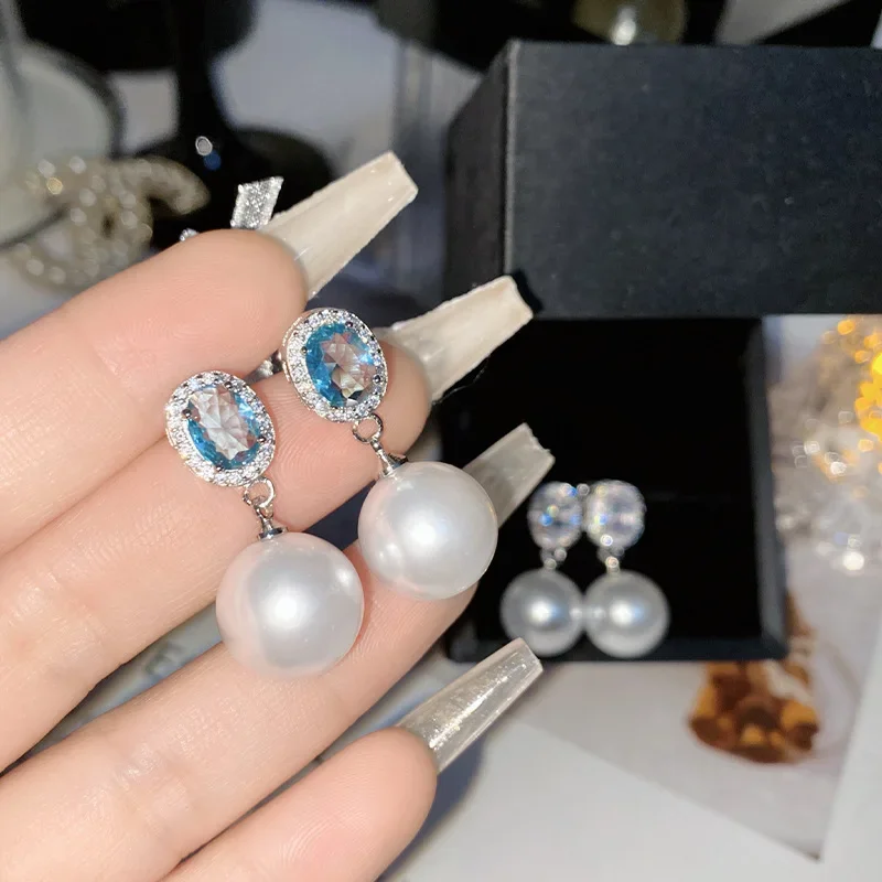 MDLFES مويسان الماس نمط حورية البحر الدموع الأحجار الكريمة اللؤلؤ وأقراط تاهيتي 18K الذهب الأبيض مطلي الخرز