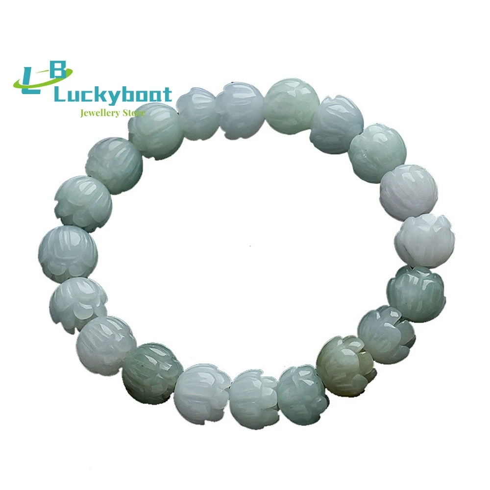 Natural Jade A Lotus Buddha Beads Bracelet for Men and Women 10MM Fashion Charm Jewelry Gift Hand Carved China