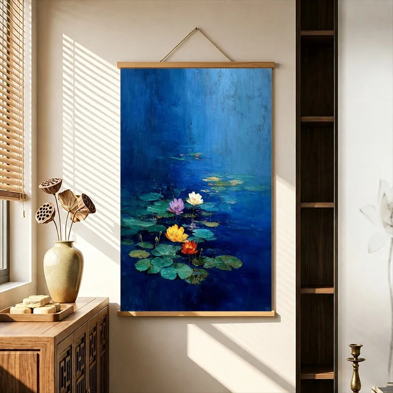 Wall Art Lotus Pond Beneath the Moon, Calm Serene Vibe Pearlescent Canvas Hanging Scroll with Wooden Rods for Meditation Room