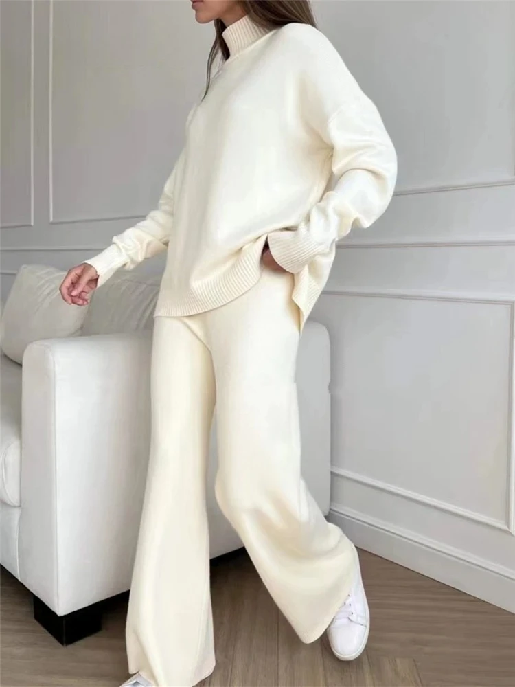 

Autumn Winter 2 Pieces Women Sets Knitted Tracksuit Turtleneck Sweater and Straight Jogging Pants Suits