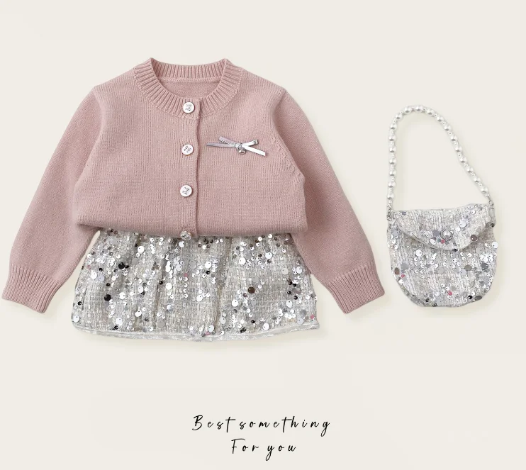 New Baby Girls Fall Fashion 3 Piece Sets Knitting Cardigan + Sequined skirts + Purse Princess Elegant Suits 1-7T