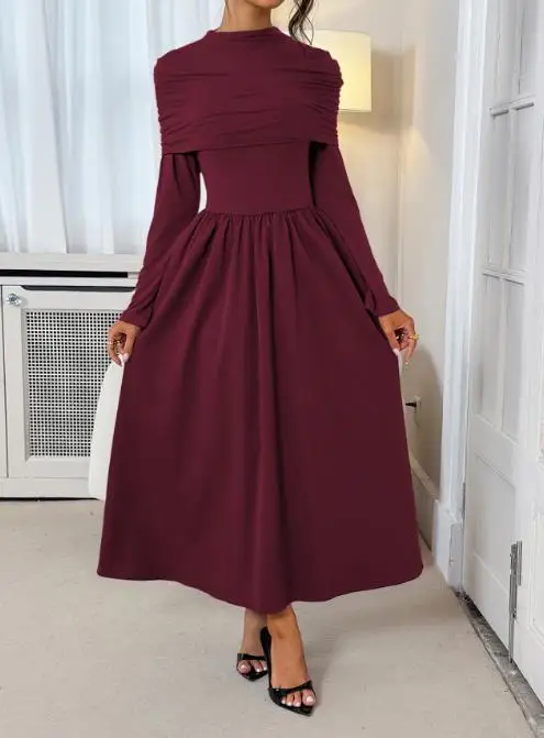 

Women's Dress Spring New French Fashion Solid Color Simple Round Neck Splicing Design High Waist A-Line Long Sleeve Dress