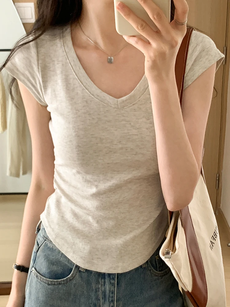 Cotton T Shirts Women 2024 Summer Slim Solid Basic Tees Top Casual T-shirt for Womans Korean Sexy Female V Neck Tshirts Tops