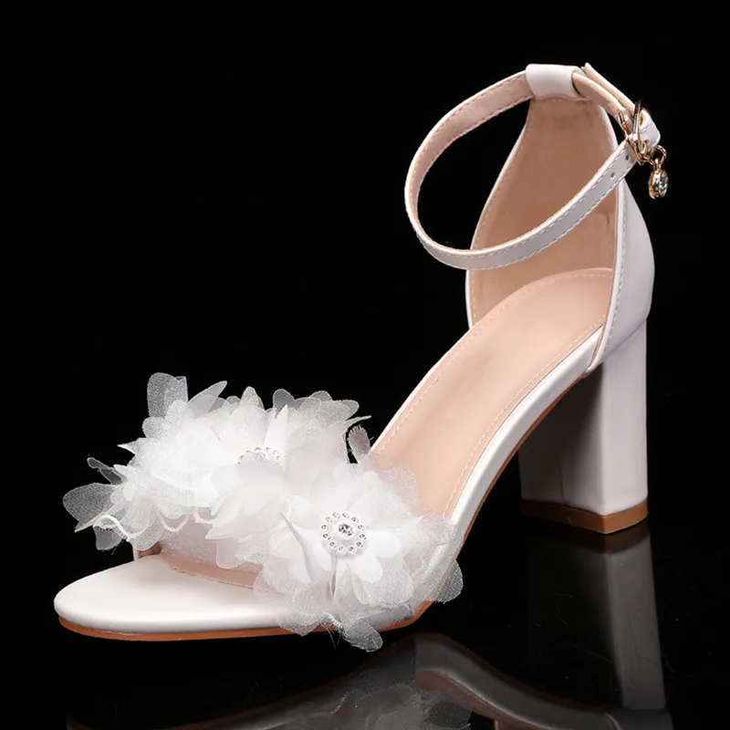 Fashion Summer Lace Flowers Pearls Ankle Strap Women Sandals Big Size 35-43 Thick High heels Sweet Girls Party Prom Shoes