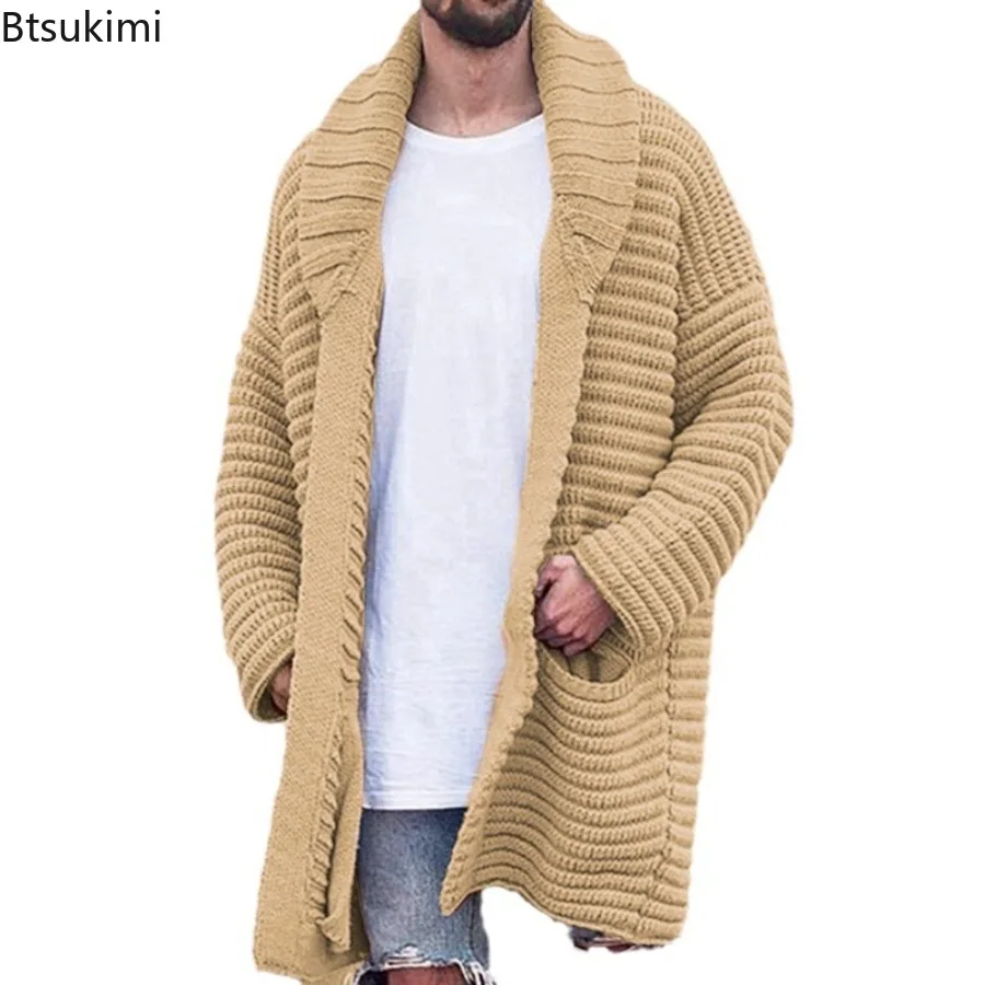 2025 Autumn Winter New Men's Solid Knitted Cardigans Sweater Coats Middle Length Casual Pockets Sweater Jackets Male Streetwear