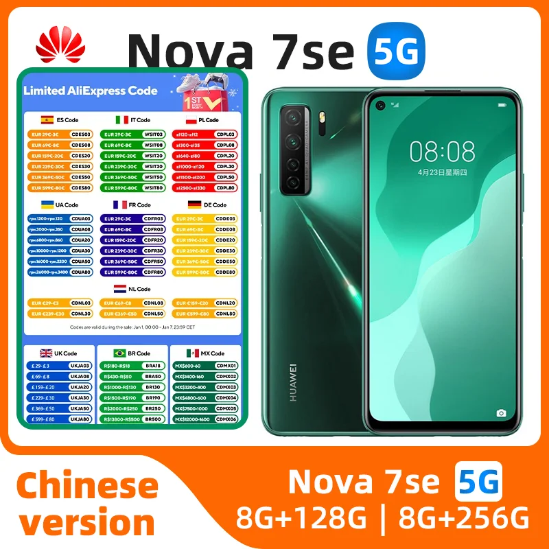 HUAWEI nova 7 SE 5g Smartphone 6.5 inch SuperCharge 40W 4000mAh Mobile phones 64MP Camera CPU Kirin 820 5g Original used phone