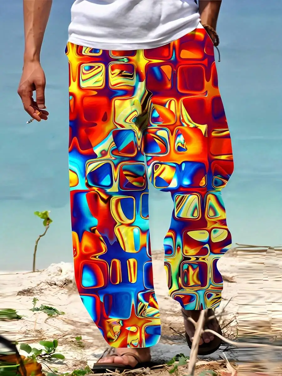 

Vibrant Abstract Melted Square Print Mens Loose Beach Shorts With Drawstring Waist And Breathable Fit