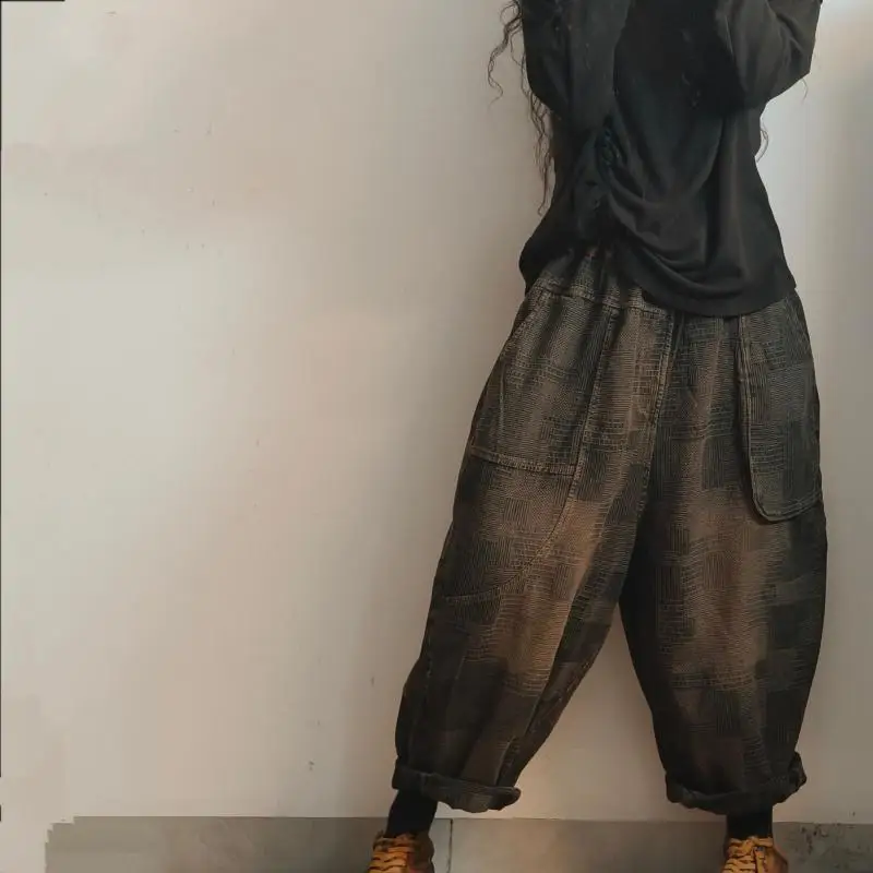 Spring Autumn Arts Style Women Elastic Waist Cotton Denim Harem Pants Vintage Plaid Loose Ankle-length Pants Jeans High Quality