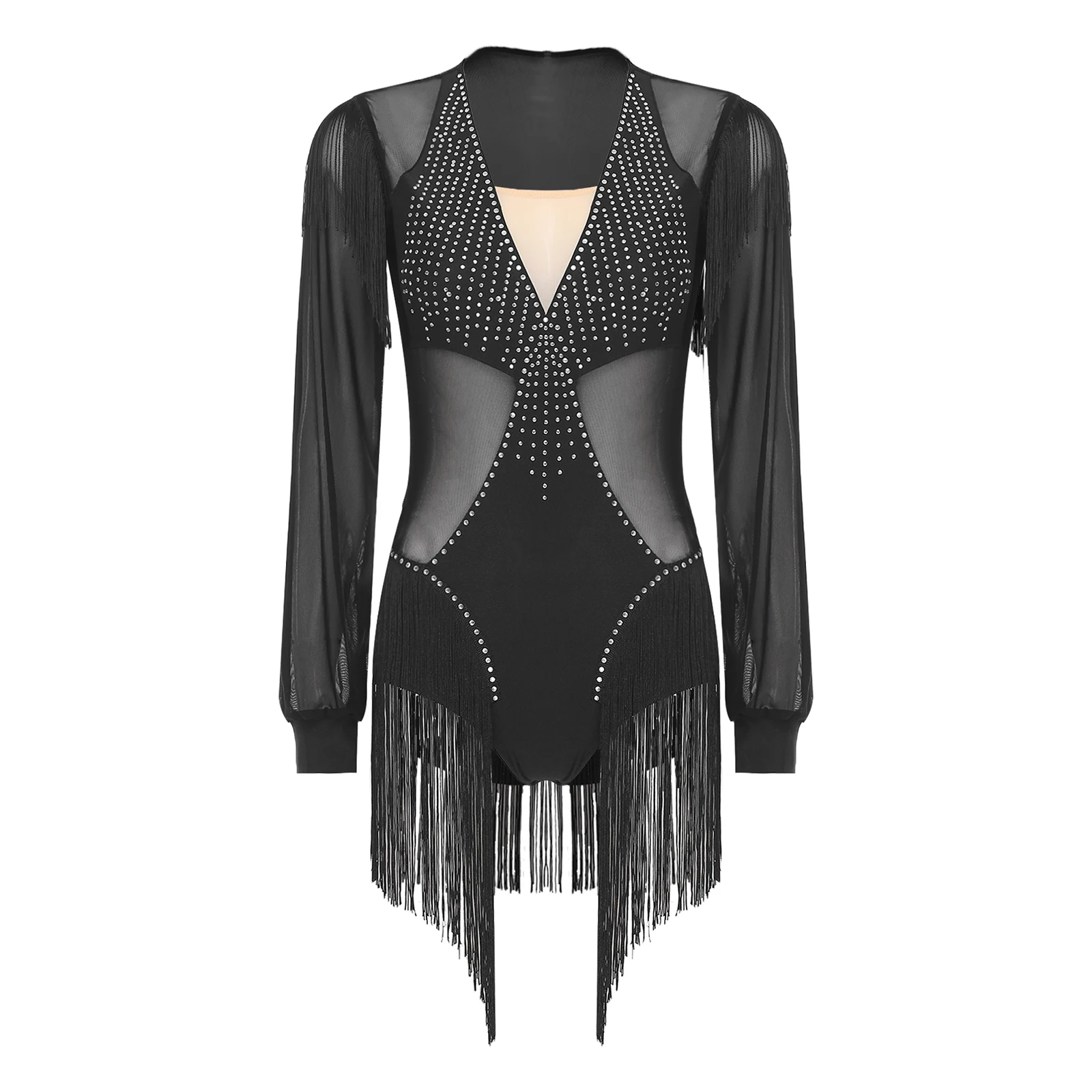 Robe justaucorps de Tango latin pour femmes, body d'entraînement de gymnastique de Ballet avec maille transparente, Patchwork de strass, pompon, vêtements de Salsa