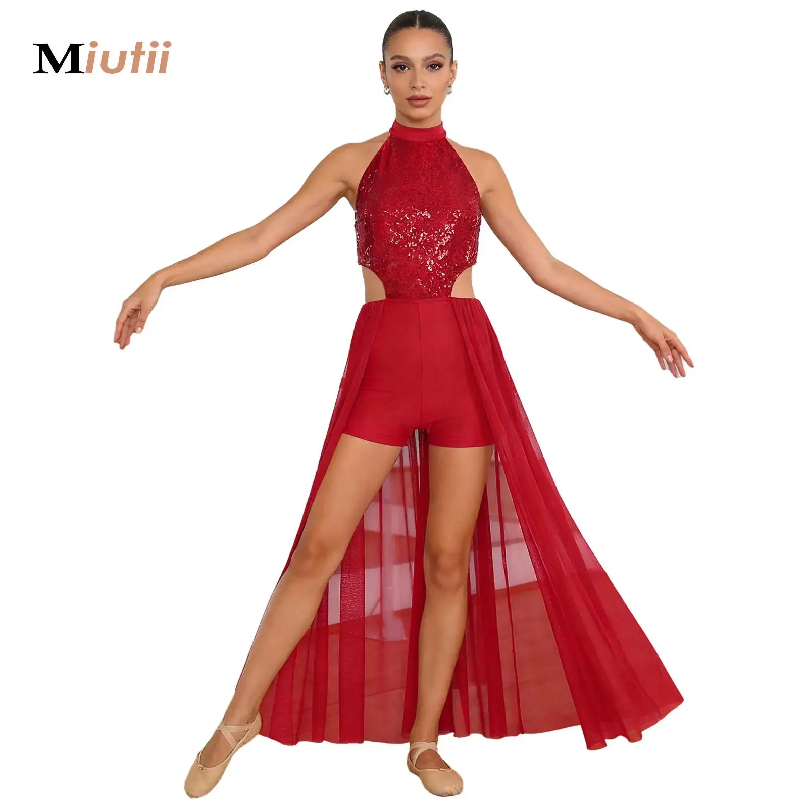 

Sequins Lyrical Dance Long Skirted Jumpsuit for Women Female Short Bottom Bodysuit Dress Contemporary Dance Stage Performance