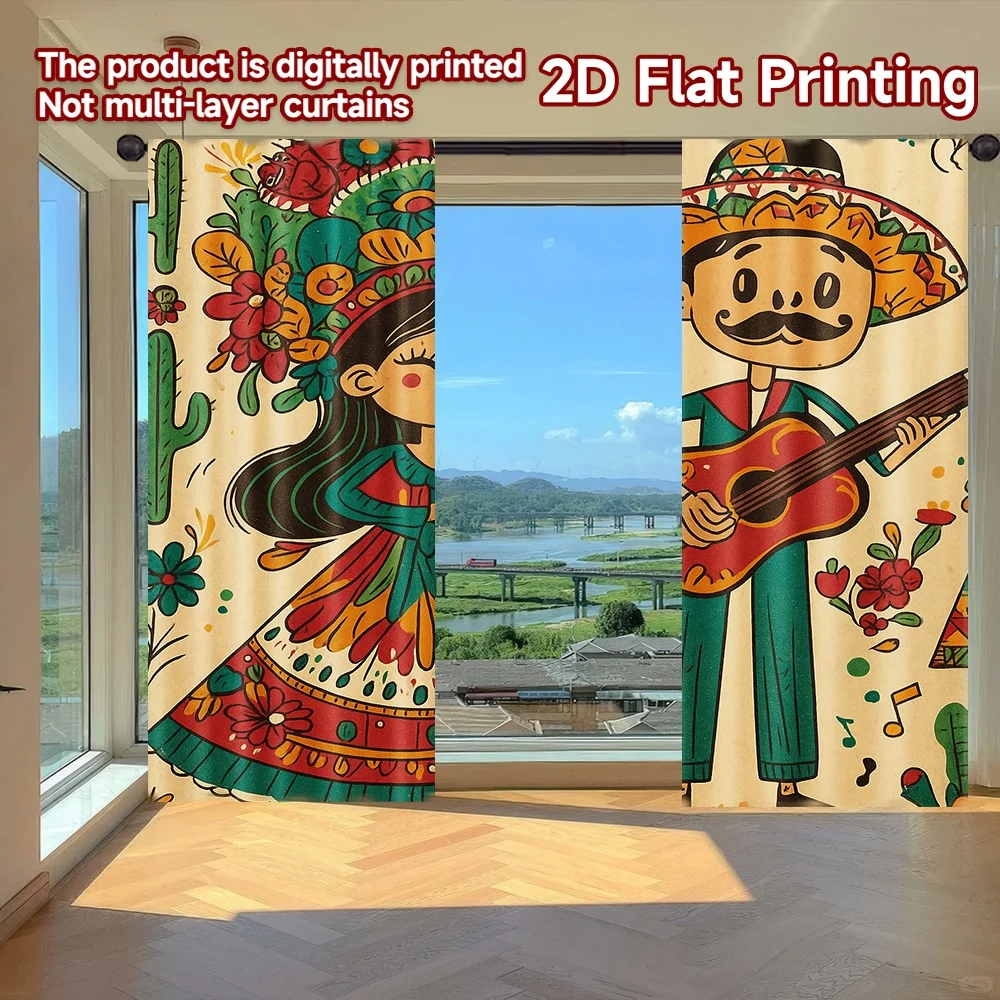 2D flat printing 2pcs Party Window Curtains Mexican Folk Celebration Digital Printed Polyester Drapes Party Decorations for Room