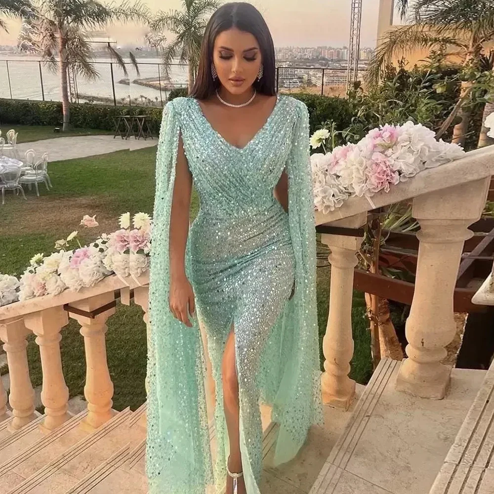 A-line V-neck Long Sleeve Split Hem Trailing Sequins Beaded Wedding Dress for Banquet Party Prom Holiday Cocktail Evening Gowns