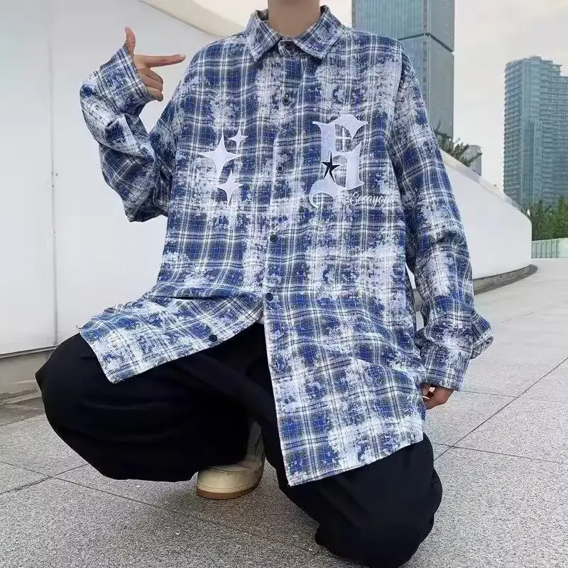 

Blue Plaid Tie-Dye American Street Sle Men's irt Jaet Spring Summer ort Sve Stand Fit Polyester Casual Top