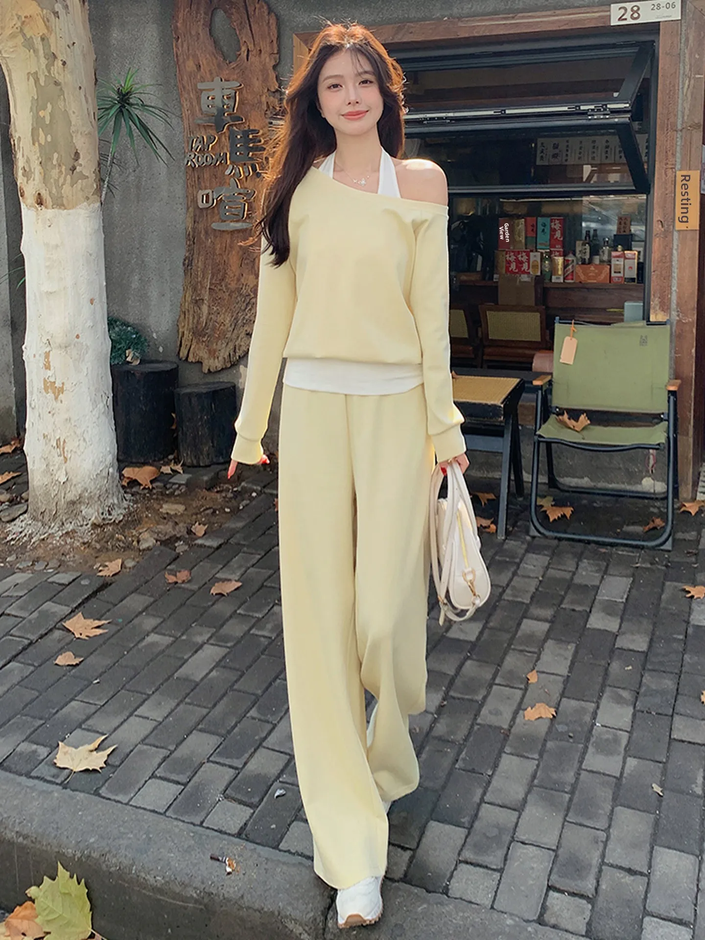 

Fashionable Casual Women's Yellow Shoulder Long Sleeve Top High Waist Wide Leg Pants Two Piece Set Autumn New Arrival