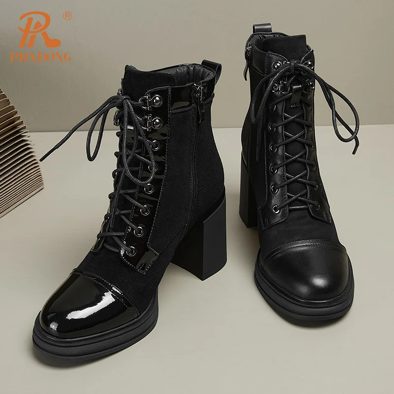 PRXDONG 2023 New Brand Autumn Winter Warm Ankle Boots Shoes Chunky High Heels Lace Up Dress Party Work Female Riding Boots 34-40