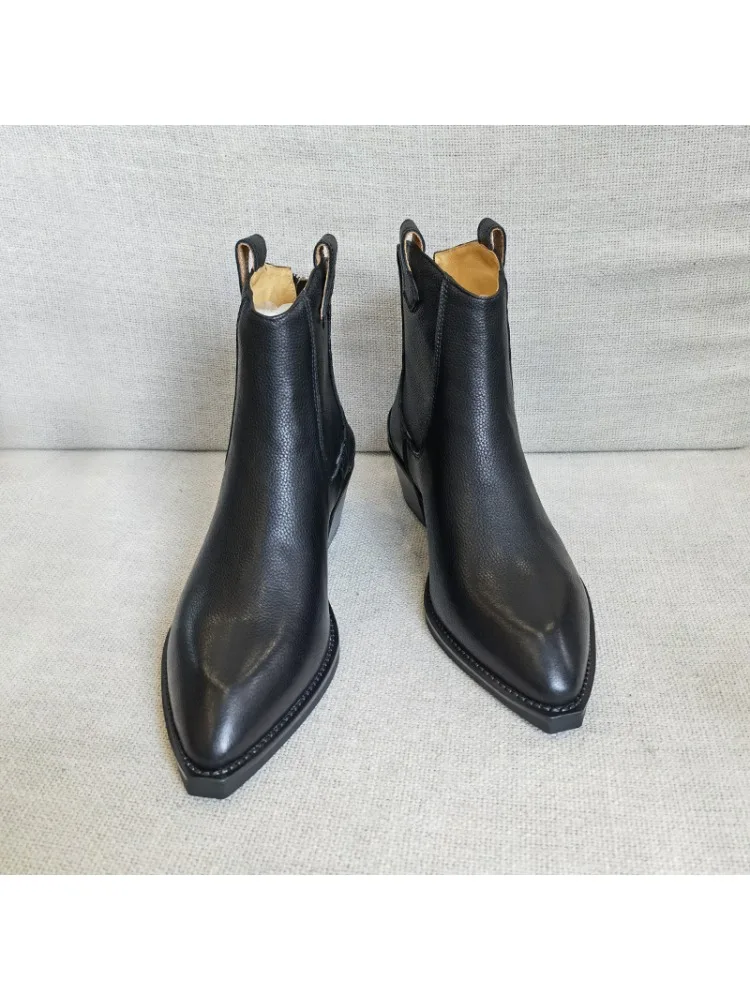 Bottines Chelsea classiques en cuir véritable pour femme, bottines à bout pointu et talon compensé, bottes de Cowboy simples et confortables, automne 2025