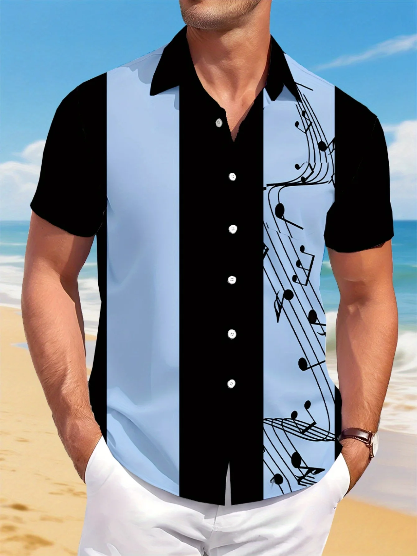 

eMen's Lightweight 3D Printed Hawaiian Shirt - Music Note & Treble Clef Design, Black & Pink Contrast, Summer Beachwear 2025