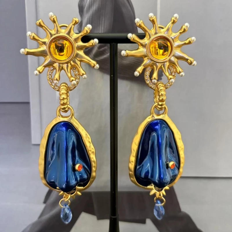Europe America Gold Plated Brass Nose Blue Gemstone Sun Art Design Earrings Women Luxury Jewelry
