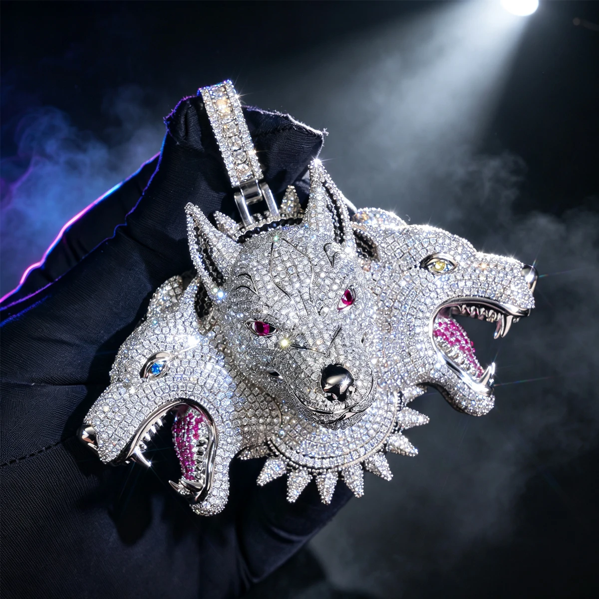 3D Hip Hop Charm Micro Pave Cubic Zirconia Iced Out Cerberus Three-Headed Dog Pendant 18K Gold Plated Bling Mythology Inspired Necklace Colorful Gem Eye Trendy Rap Street Accessory For Hiphop Fans For Party Club Daily Wear Fine Jewelry Gift For Men Rapper