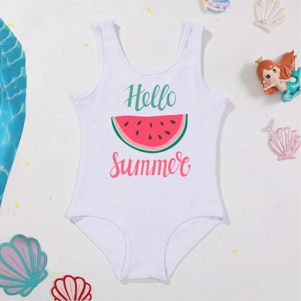 Hello Summer & watermelon Pattern Print Kids Girl costume da bagno One Piece Girls Swimwear Casual Girls Summer Swim Clothing Outfit