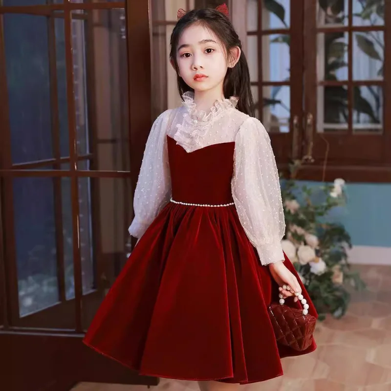 

Детское вечернее платье с длинными рукавами для девочек, высококачественное свадебное платье принцессы с красным цветком для маленьких девочек, платье для выступлений на фортепиано