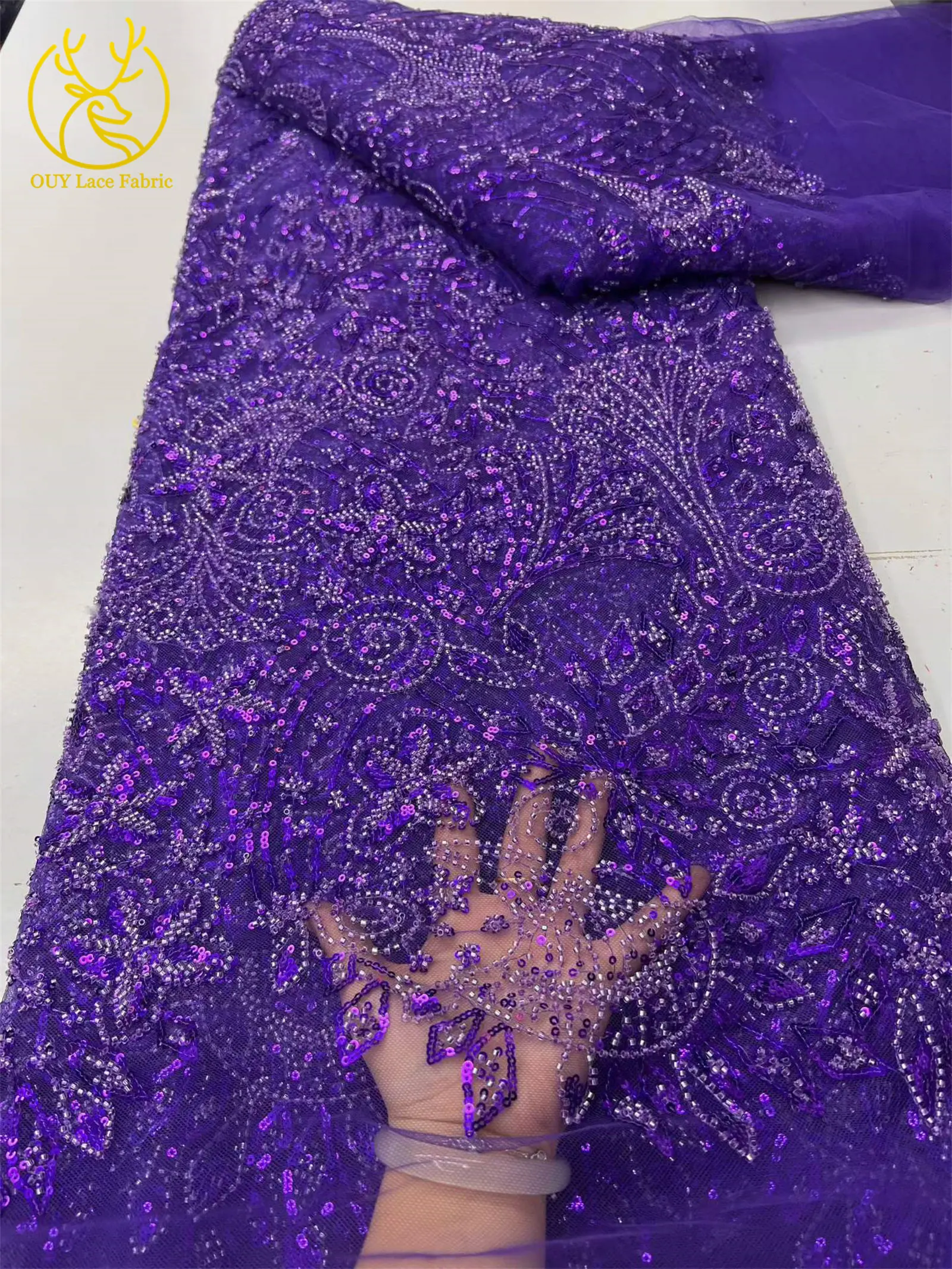 Grüner eleganter afrikanischer Perlen-Pailletten-Spitzenstoff, 5 Yards, hochwertige nigerianische Mesh-Tüllspitze für Damen, Abschlussball, Partykleid, Nähen – Detail 12