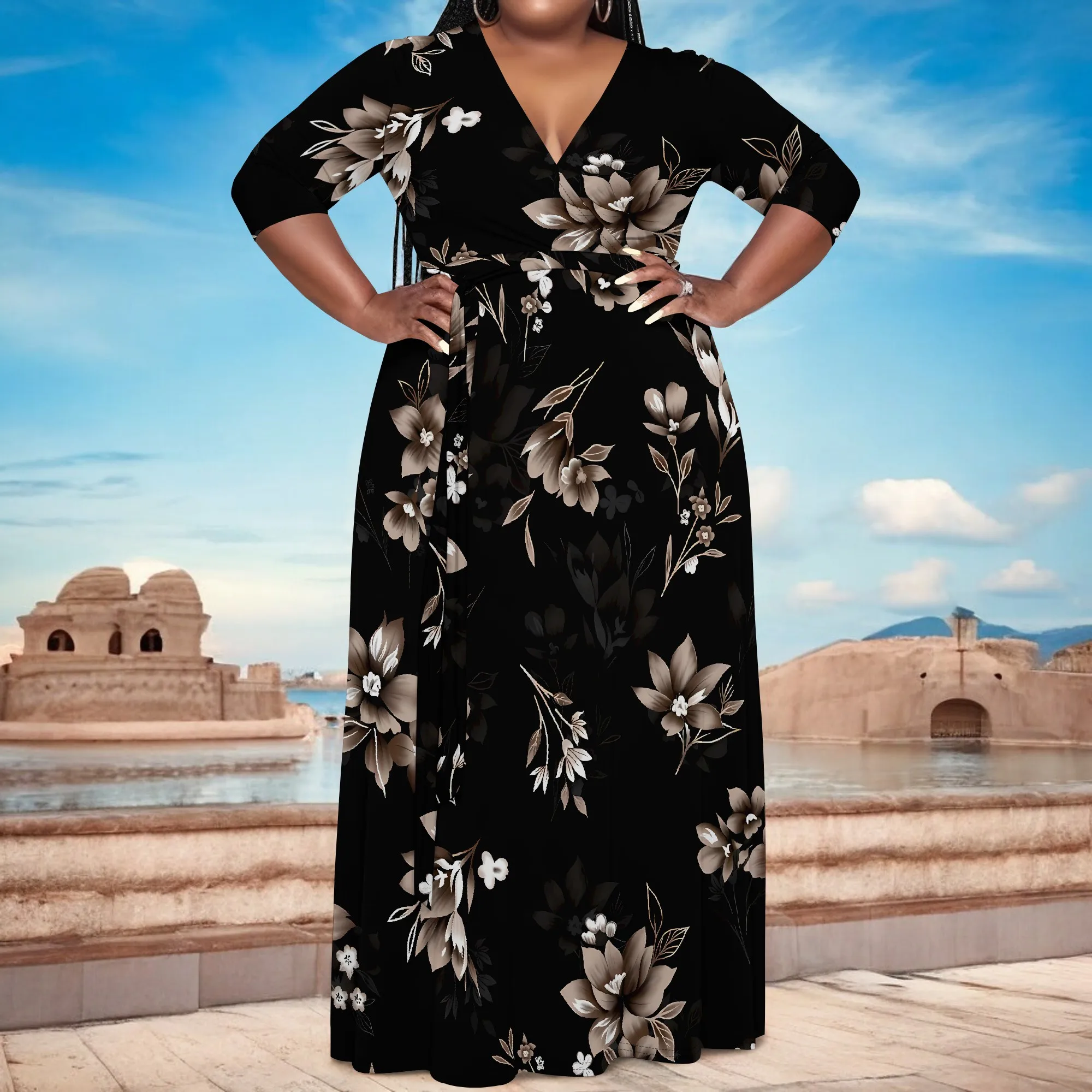 

Nupusa Plus Size Wrap Maxi Dress for Women Floral Pattern V Neck 3/4 Sleeve Elegant Long Dress
