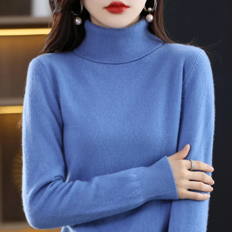 Autumn/Winter Women's New Extended 100% Wool Clothing Knitted High Polo Collar Solid Color Pullover Soft Texture Blouse