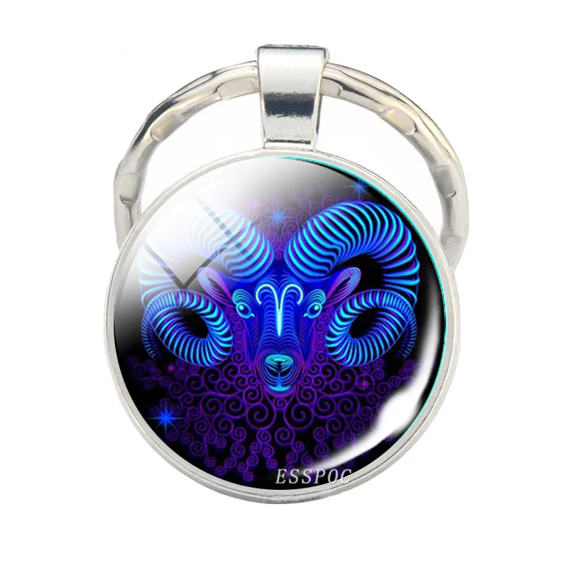 12 Zodiac Sign Scorpion Lion Glass Metal Keychain Women Men Couples Keychain Car Key Holder Rings Fashion Astrology Gifts