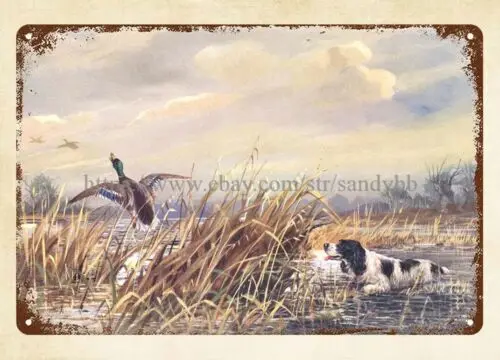 art and Springer Spaniel Hunting in Marshland, Ward Binks, 1930s metal tin sign