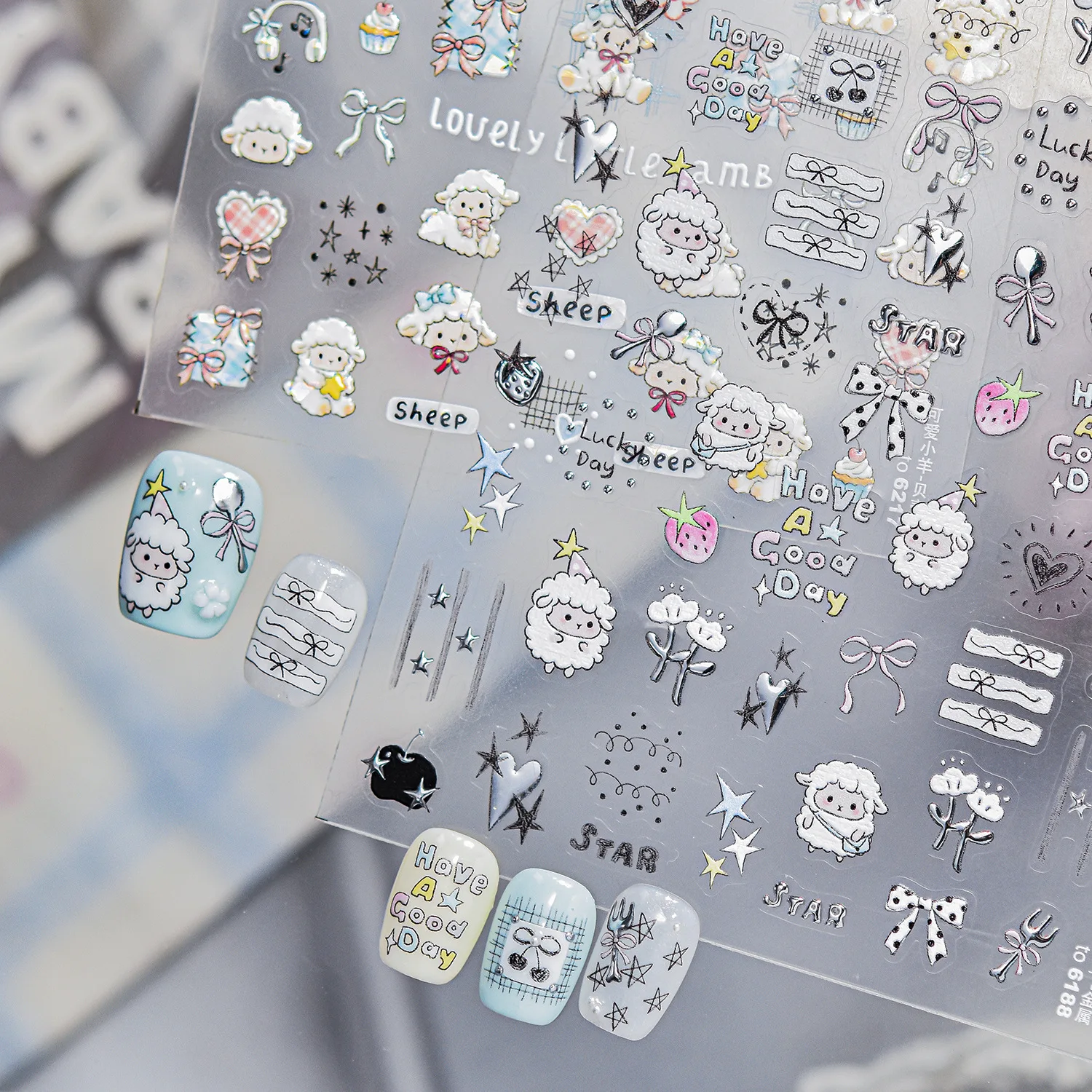 Cute Sheep Nail Sticker Simple Graffiti Star Bowknot Strawberry Flower Love Spoon Fork Adhesive Nail Art Stickers Manicure Decal